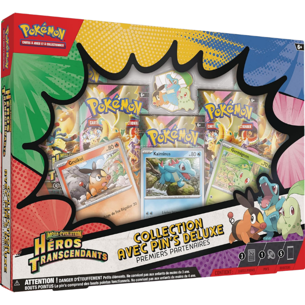 Pokémon – Coffret Méga-Évolution : Héros Transcendants – Premiers Partenaires Collection avec Pin’s Deluxe (FR)